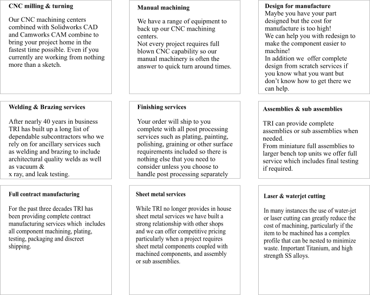 CNC milling & turning  Our CNC machining centers combined with Solidworks CAD and Camworks CAM combine to bring your project home in the fastest time possible. Even if you currently are working from nothing more than a sketch.  Design for manufacture Maybe you have your part designed but the cost for manufacture is too high! We can help you with redesign to make the component easier to machine! In addition we  offer complete design from scratch services if you know what you want but don’t know how to get there we can help.  Manual machining  We have a range of equipment to back up our CNC machining centers. Not every project requires full blown CNC capability so our manual machinery is often the answer to quick turn around times.   Welding & Brazing services  After nearly 40 years in business TRI has built up a long list of dependable subcontractors who we rely on for ancillary services such as welding and brazing to include architectural quality welds as well as vacuum &  x ray, and leak testing.   Assemblies & sub assemblies  TRI can provide complete assemblies or sub assemblies when needed.  From miniature full assemblies to larger bench top units we offer full service which includes final testing if required.  Finishing services  Your order will ship to you complete with all post processing services such as plating, painting, polishing, graining or other surface requirements included so there is nothing else that you need to consider unless you choose to handle post processing separately    Full contract manufacturing  For the past three decades TRI has been providing complete contract manufacturing services which  includes all component machining, plating, testing, packaging and discreet shipping.   Sheet metal services  While TRI no longer provides in house sheet metal services we have built a strong relationship with other shops and we can offer competitive pricing particularly when a project requires sheet metal components coupled with machined components, and assembly or sub assemblies.   Laser & waterjet cutting  In many instances the use of water-jet or laser cutting can greatly reduce the cost of machining, particularly if the item to be machined has a complex profile that can be nested to minimize waste. Important Titanium, and high strength SS alloys.